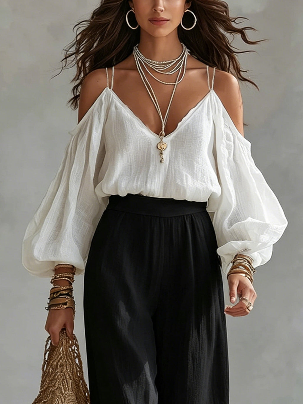 Wilma | White Off-the-Shoulder Tank Top and Black Wide-Leg Pants