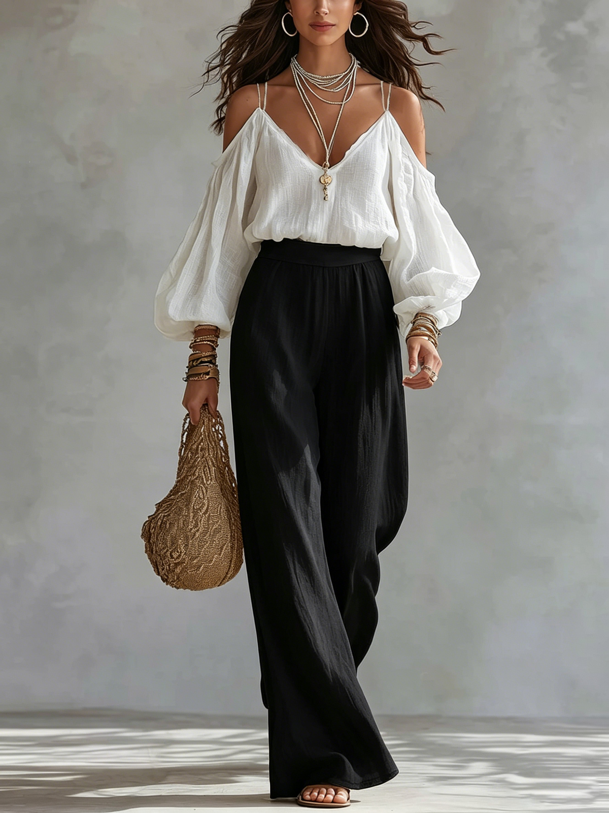 Wilma | White Off-the-Shoulder Tank Top and Black Wide-Leg Pants