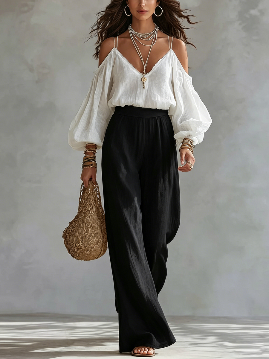 Wilma | White Off-the-Shoulder Tank Top and Black Wide-Leg Pants