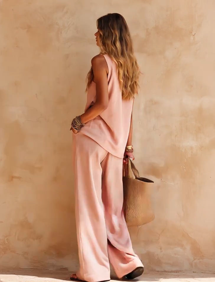 Sasha | Set Casual Top Sleeveless Pink One-Shoulder and Pants