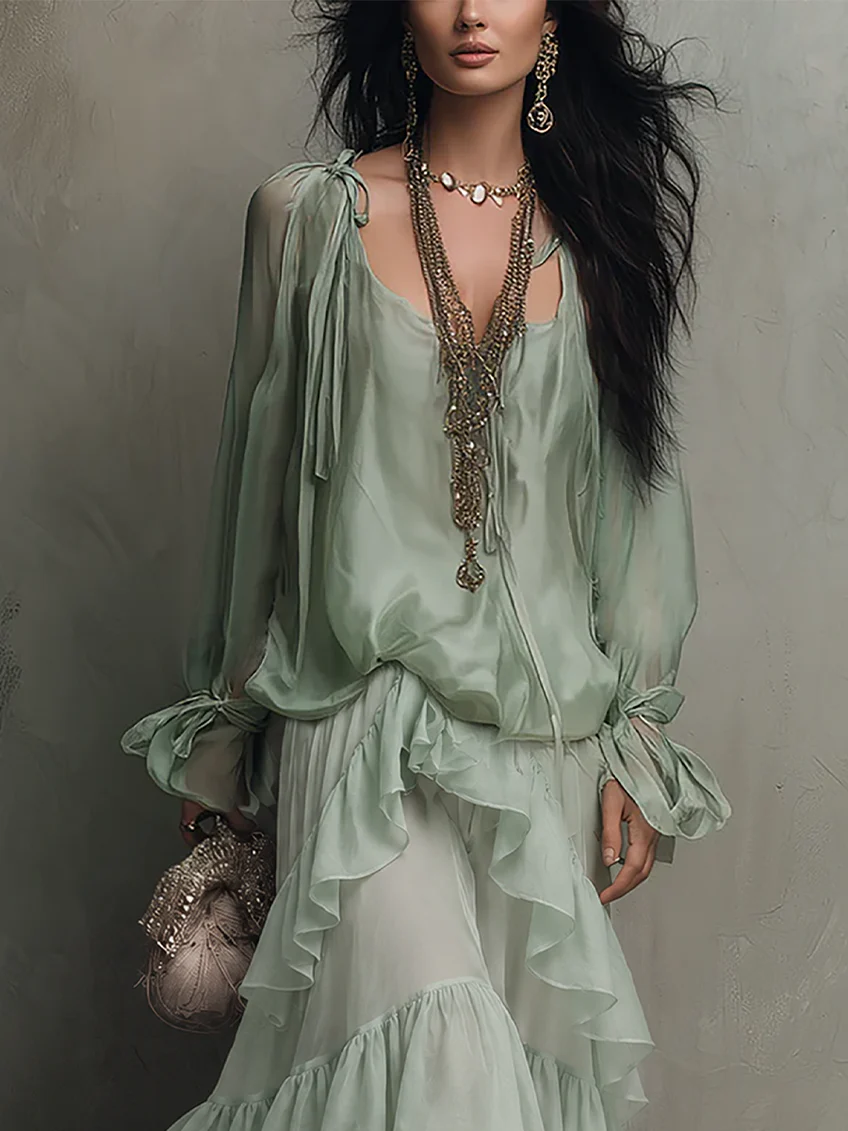 Mira | Mint Green Chiffon Top with Ruffles Paired with a Layered Skirt Set
