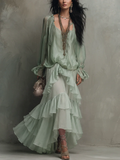 Mira | Mint Green Chiffon Top with Ruffles Paired with a Layered Skirt Set