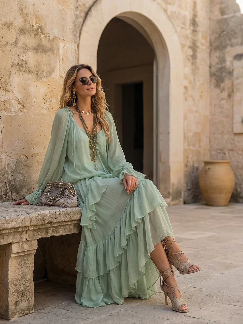 Mira | Mint Green Chiffon Top with Ruffles Paired with a Layered Skirt Set