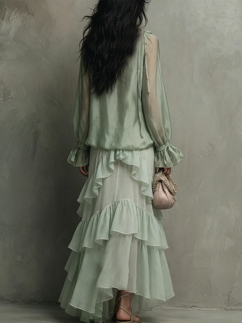 Mira | Mint Green Chiffon Top with Ruffles Paired with a Layered Skirt Set
