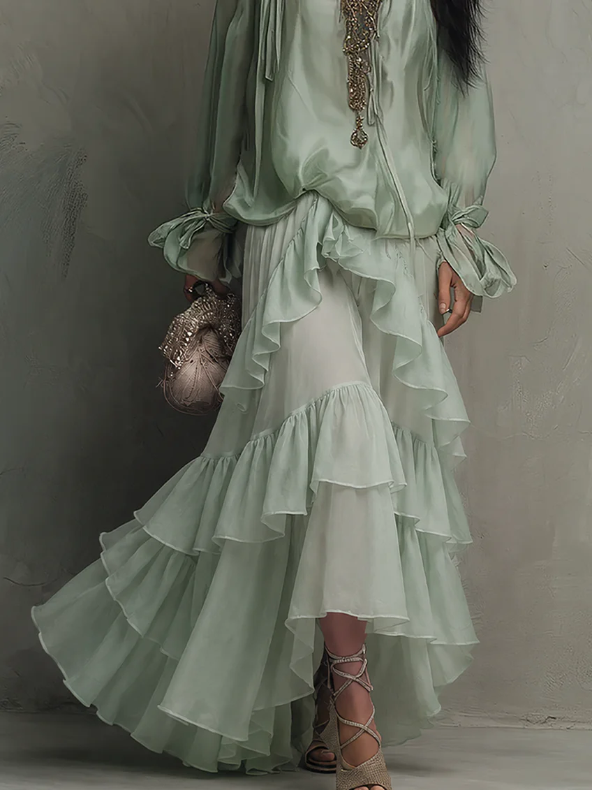Mira | Mint Green Chiffon Top with Ruffles Paired with a Layered Skirt Set