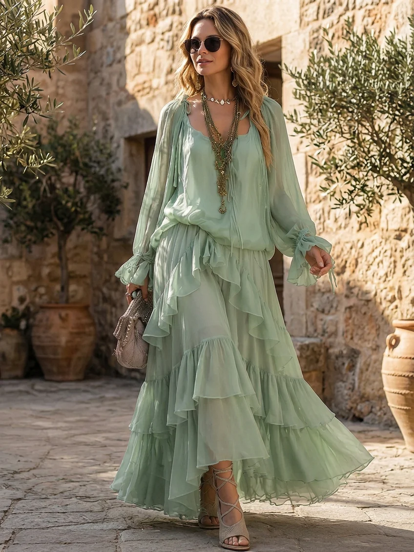 Mira | Mint Green Chiffon Top with Ruffles Paired with a Layered Skirt Set