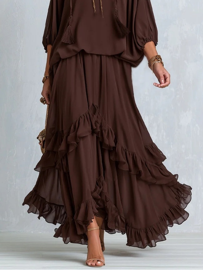 Bea | Brown Chiffon Top with Fringes and V-Neck Paired with a Layered Ruffled Skirt Set
