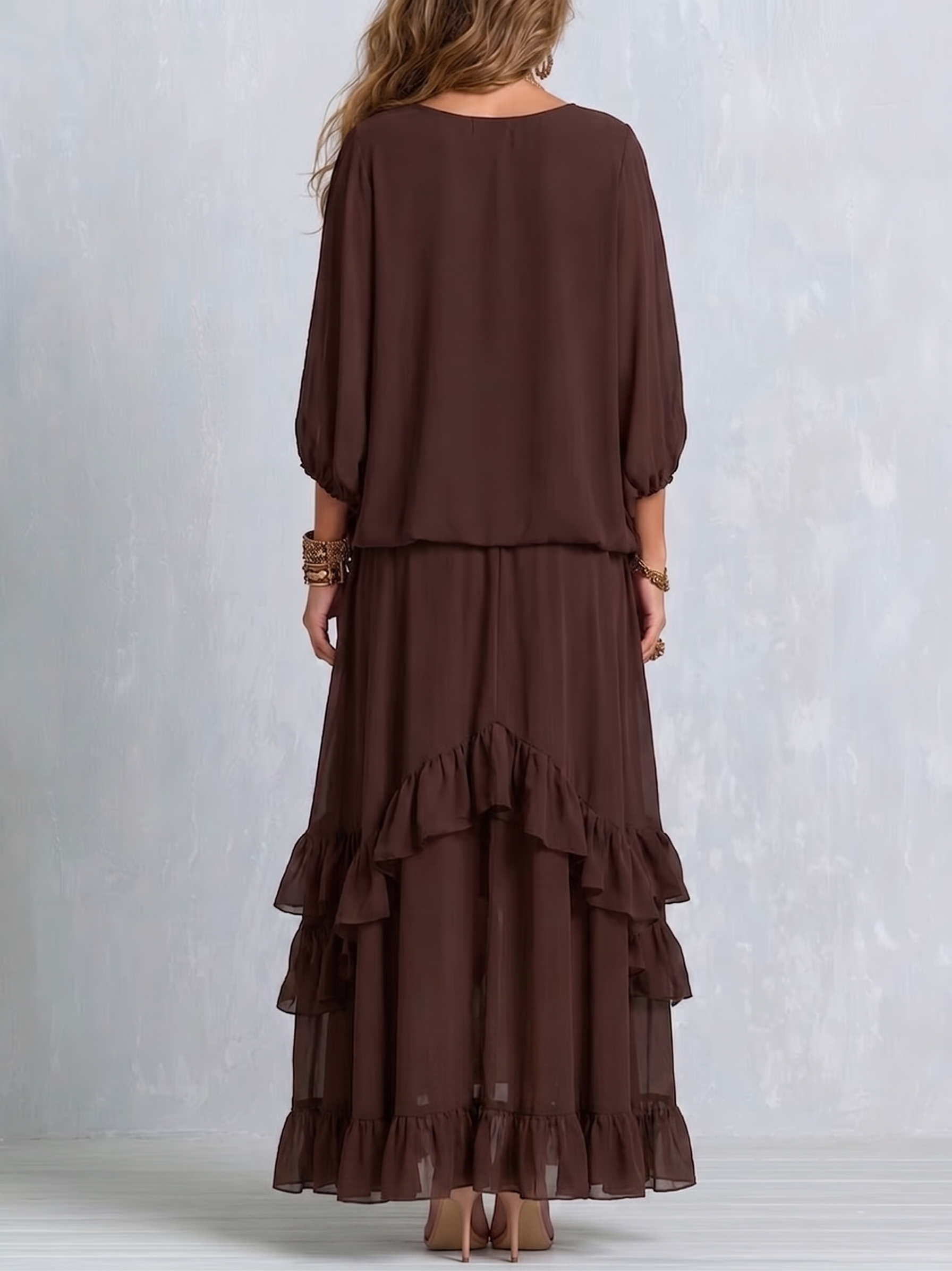 Ondine | Brown Chiffon Top with Fringes and Flared Skirt