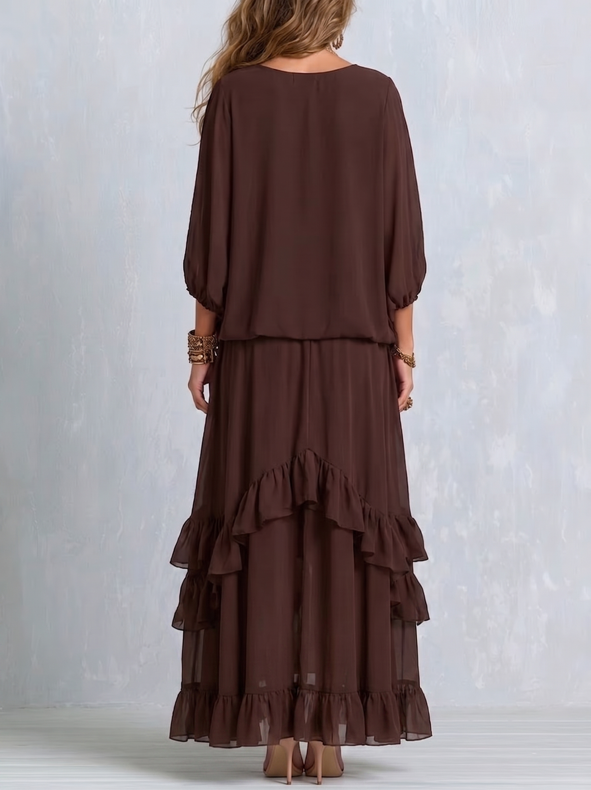 Bea | Brown Chiffon Top with Fringes and V-Neck Paired with a Layered Ruffled Skirt Set
