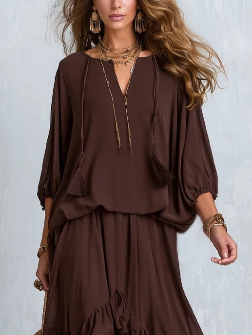 Ondine | Brown Chiffon Top with Fringes and Flared Skirt