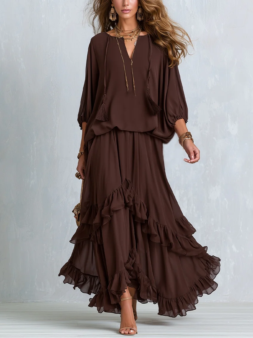 Bea | Brown Chiffon Top with Fringes and V-Neck Paired with a Layered Ruffled Skirt Set