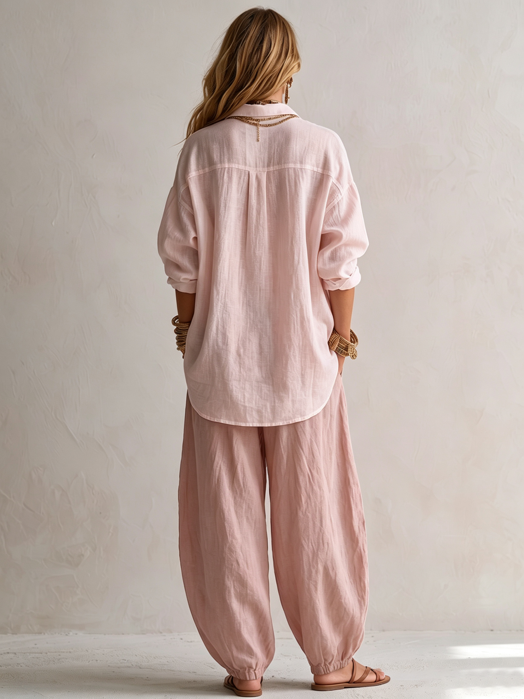 Noah | White Loose Shirt and Green Wide-Leg Lantern Pants