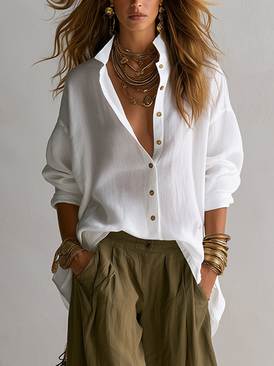 Capucine | White Loose Shirt and Olive Green Lantern Pants