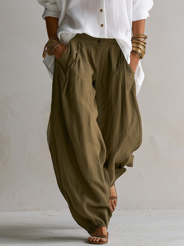 Noah | White Loose Shirt and Green Wide-Leg Lantern Pants