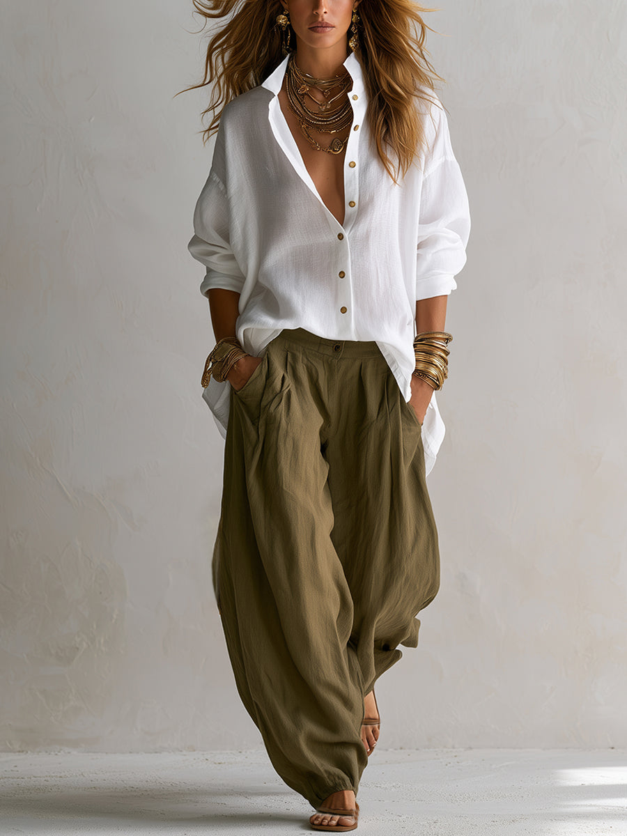 Noah | White Loose Shirt and Green Wide-Leg Lantern Pants