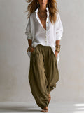 Noah | White Loose Shirt and Green Wide-Leg Lantern Pants