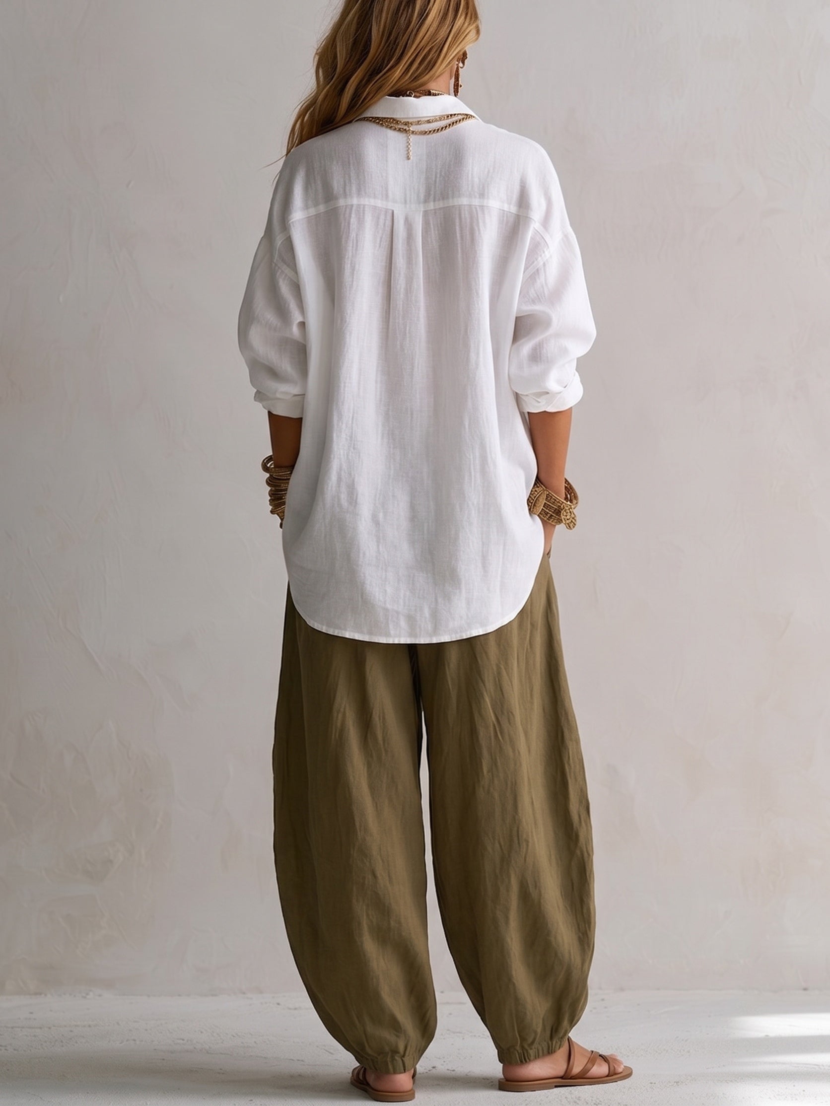 Noah | White Loose Shirt and Green Wide-Leg Lantern Pants