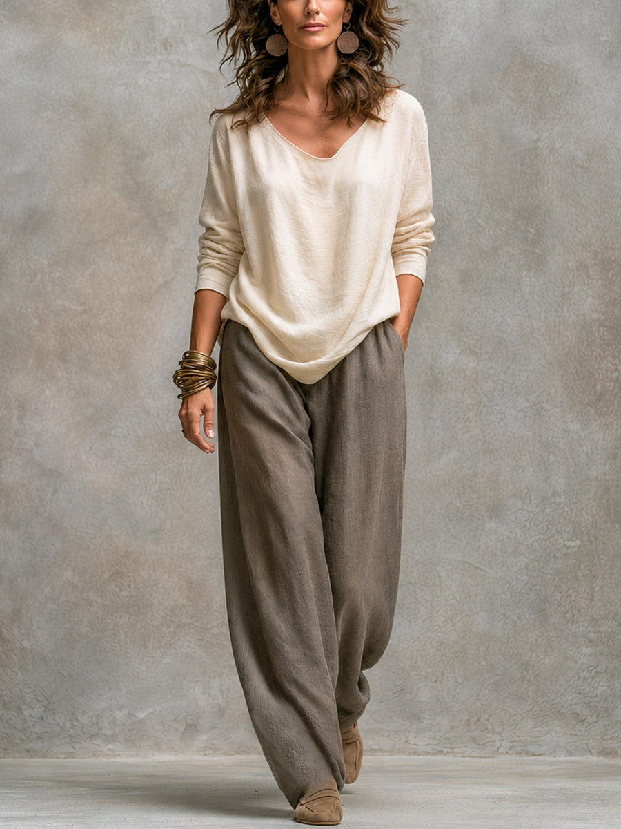 Clarissa | Complete Elegant Three-Piece Beige Gray Casual Outfit with Wide-Leg Pants