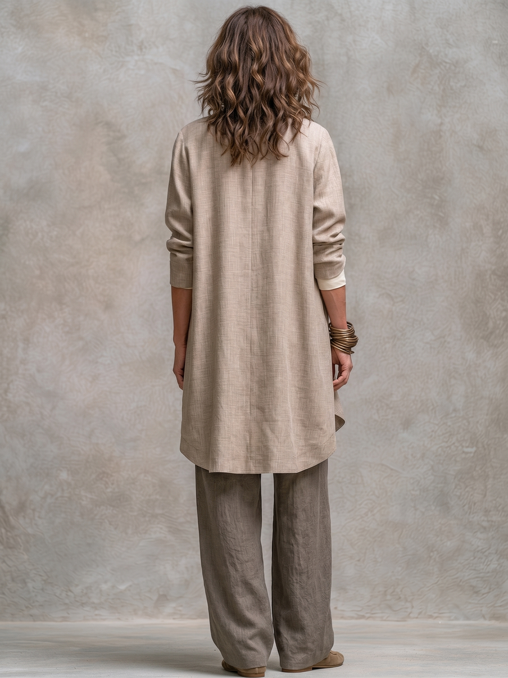 Clarissa | Complete Elegant Three-Piece Beige Gray Casual Outfit with Wide-Leg Pants