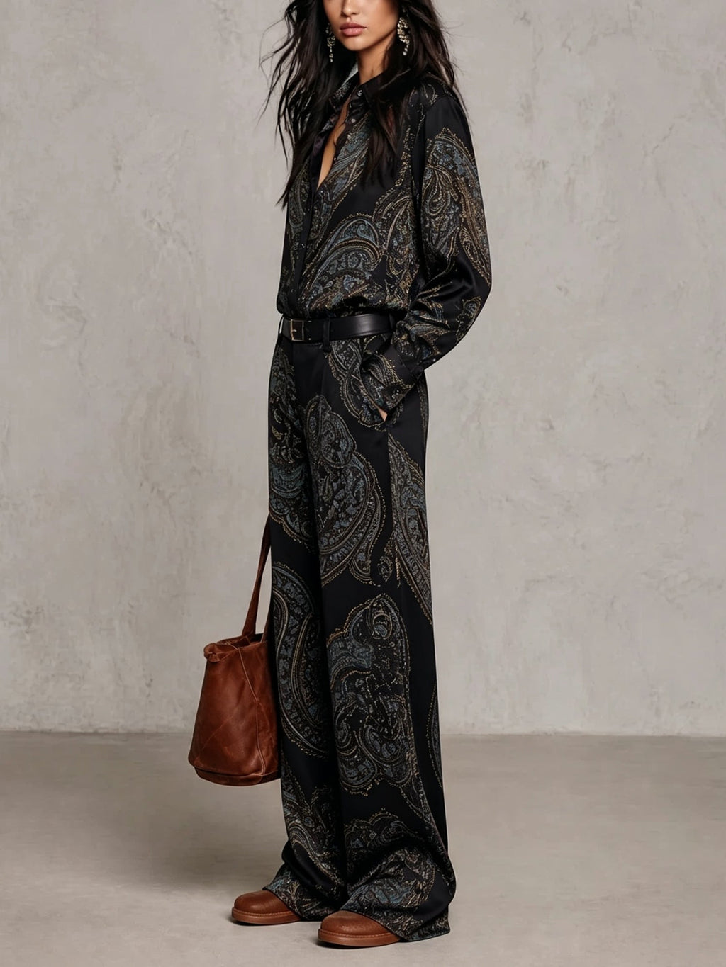 Cecilie | Long Sleeve Satin Shirt in Burgundy-Purple Paisley Print and Wide Leg Pants