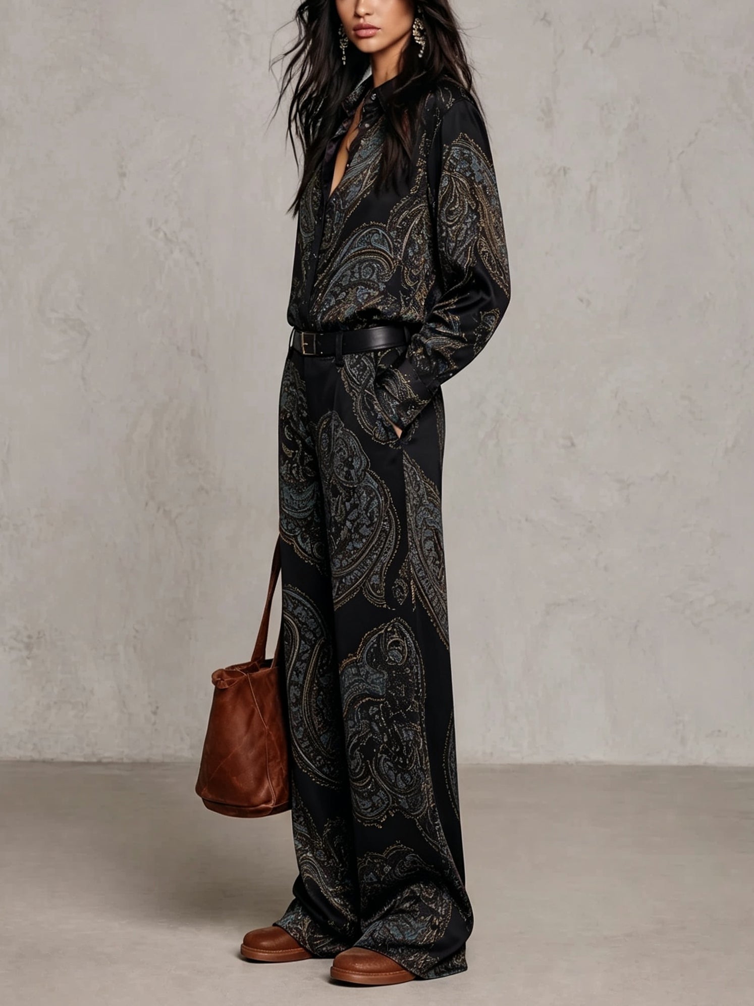 Cecilie | Long Sleeve Satin Shirt in Burgundy-Purple Paisley Print and Wide Leg Pants
