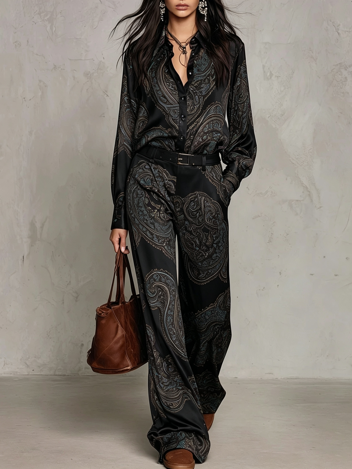 Cecilie | Long Sleeve Satin Shirt in Burgundy-Purple Paisley Print and Wide Leg Pants