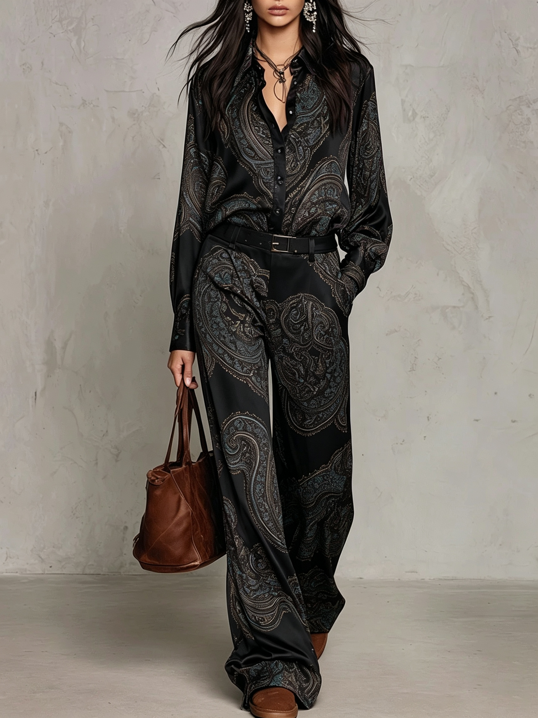 Cecilie | Long Sleeve Satin Shirt in Burgundy-Purple Paisley Print and Wide Leg Pants