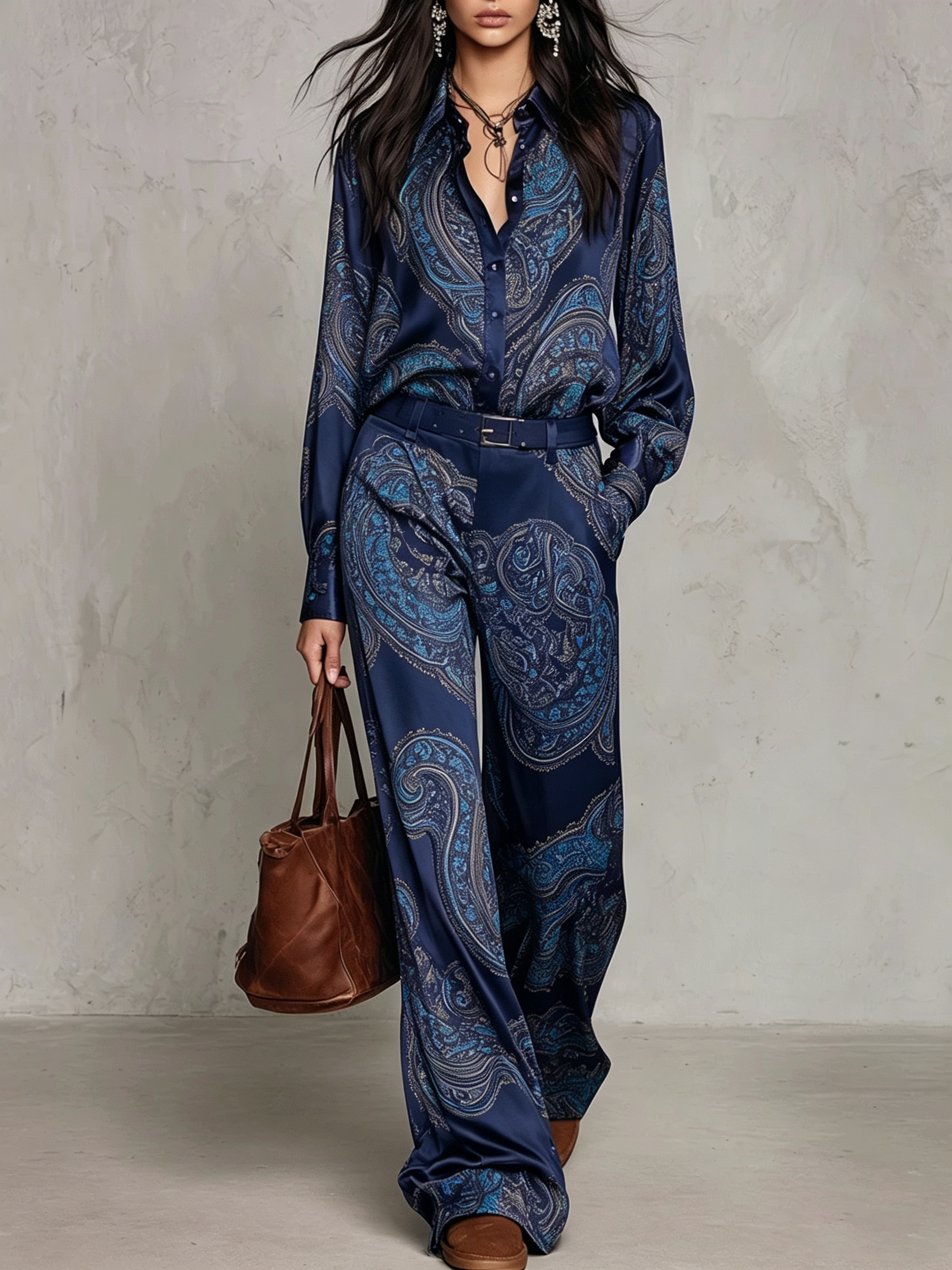 Cecilie | Long Sleeve Satin Shirt in Burgundy-Purple Paisley Print and Wide Leg Pants