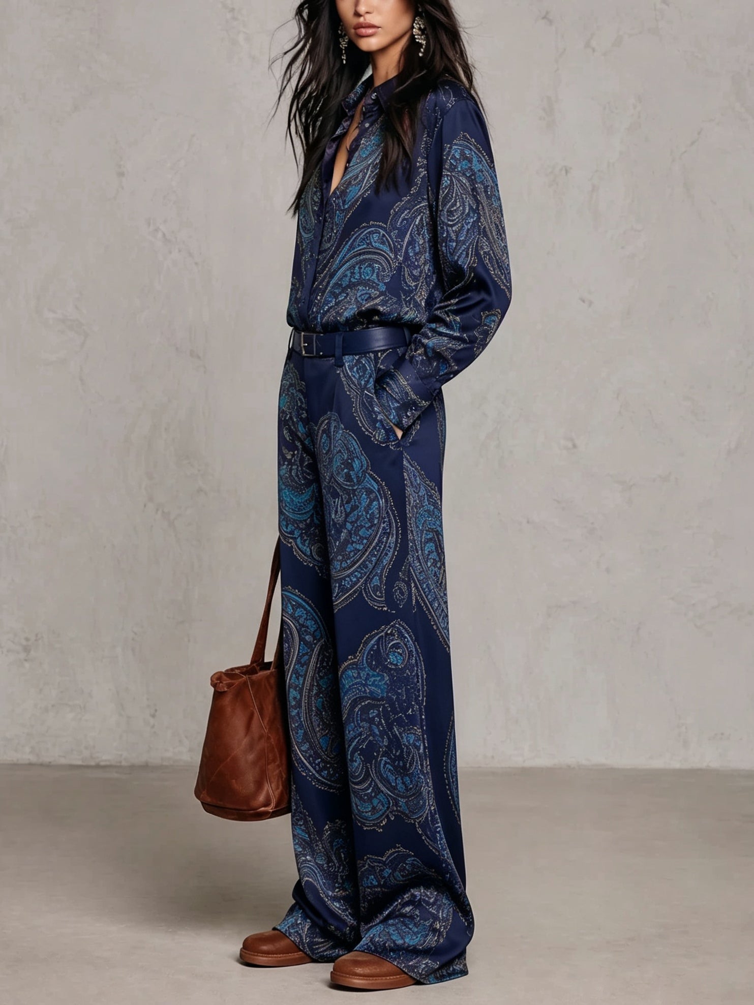 Cecilie | Long Sleeve Satin Shirt in Burgundy-Purple Paisley Print and Wide Leg Pants