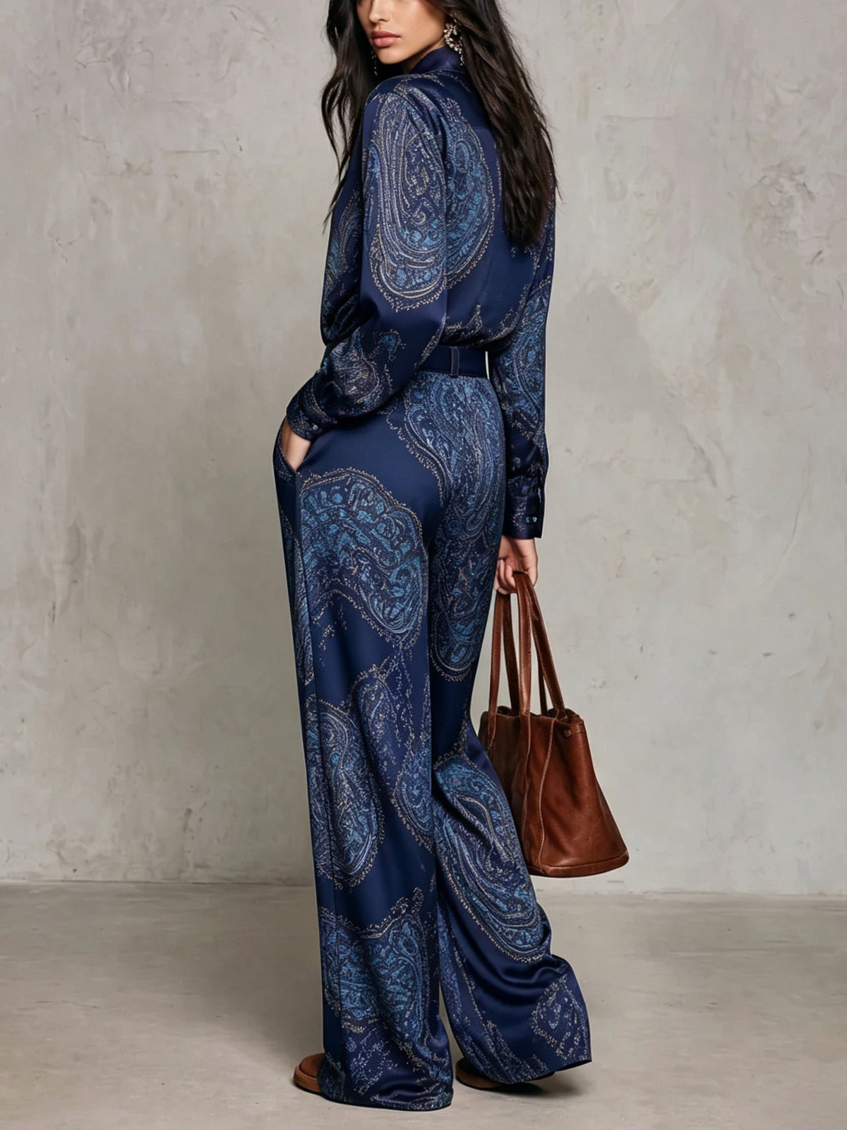 Cecilie | Long Sleeve Satin Shirt in Burgundy-Purple Paisley Print and Wide Leg Pants