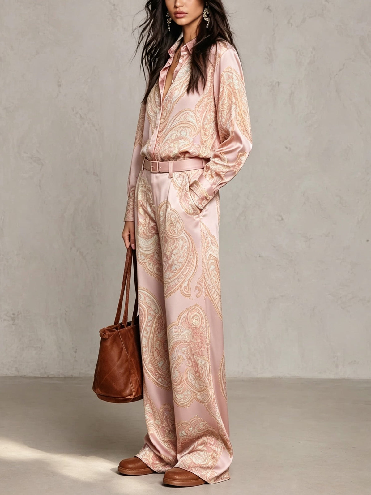 Cecilie | Long Sleeve Satin Shirt in Burgundy-Purple Paisley Print and Wide Leg Pants