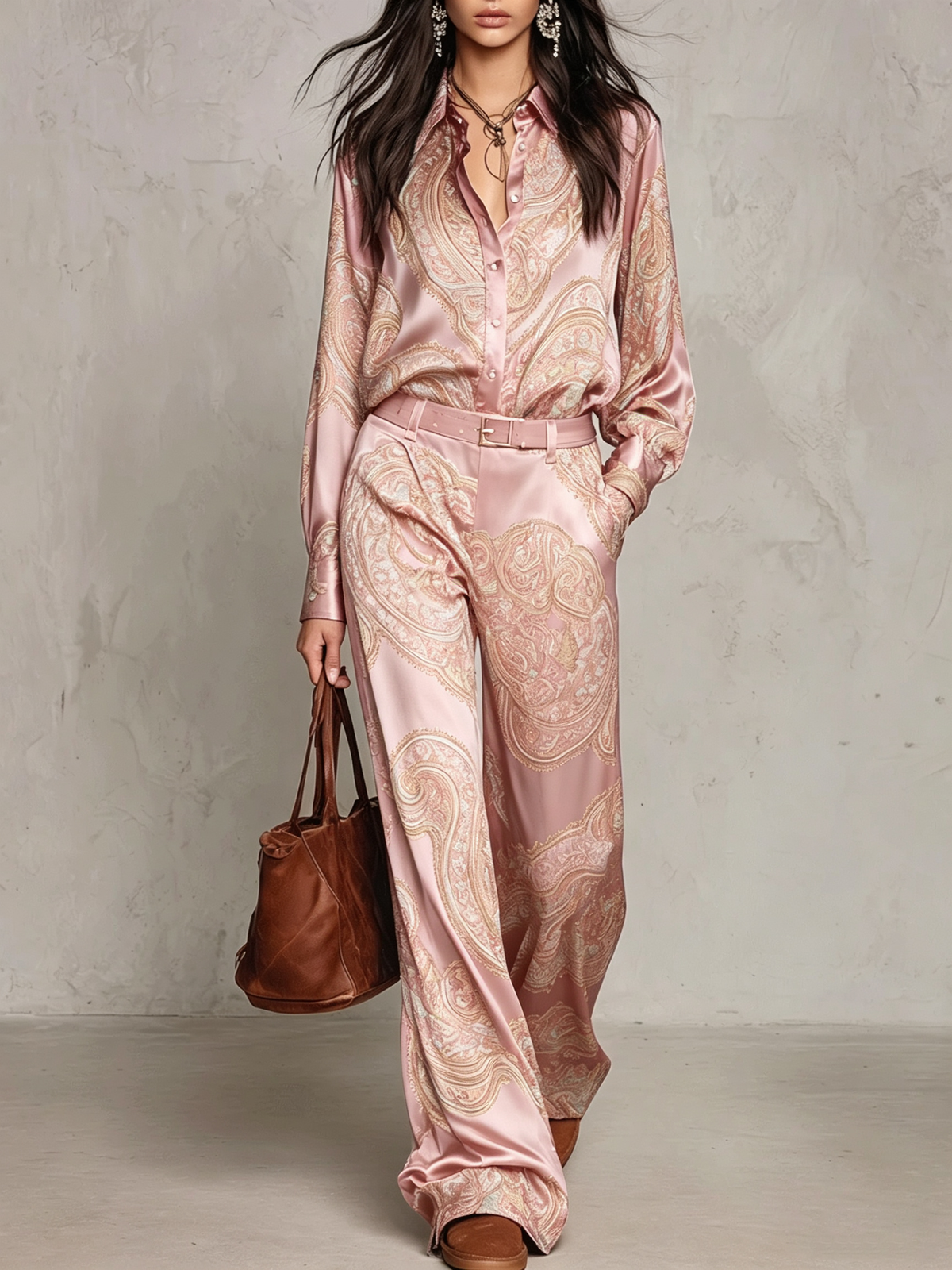 Cecilie | Long Sleeve Satin Shirt in Burgundy-Purple Paisley Print and Wide Leg Pants
