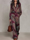 Cecilie | Long Sleeve Satin Shirt in Burgundy-Purple Paisley Print and Wide Leg Pants