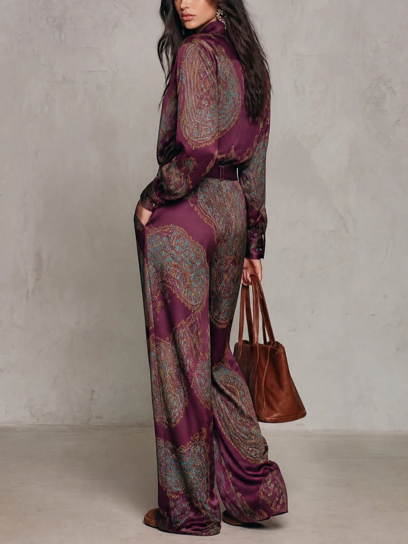 Cecilie | Long Sleeve Satin Shirt in Burgundy-Purple Paisley Print and Wide Leg Pants