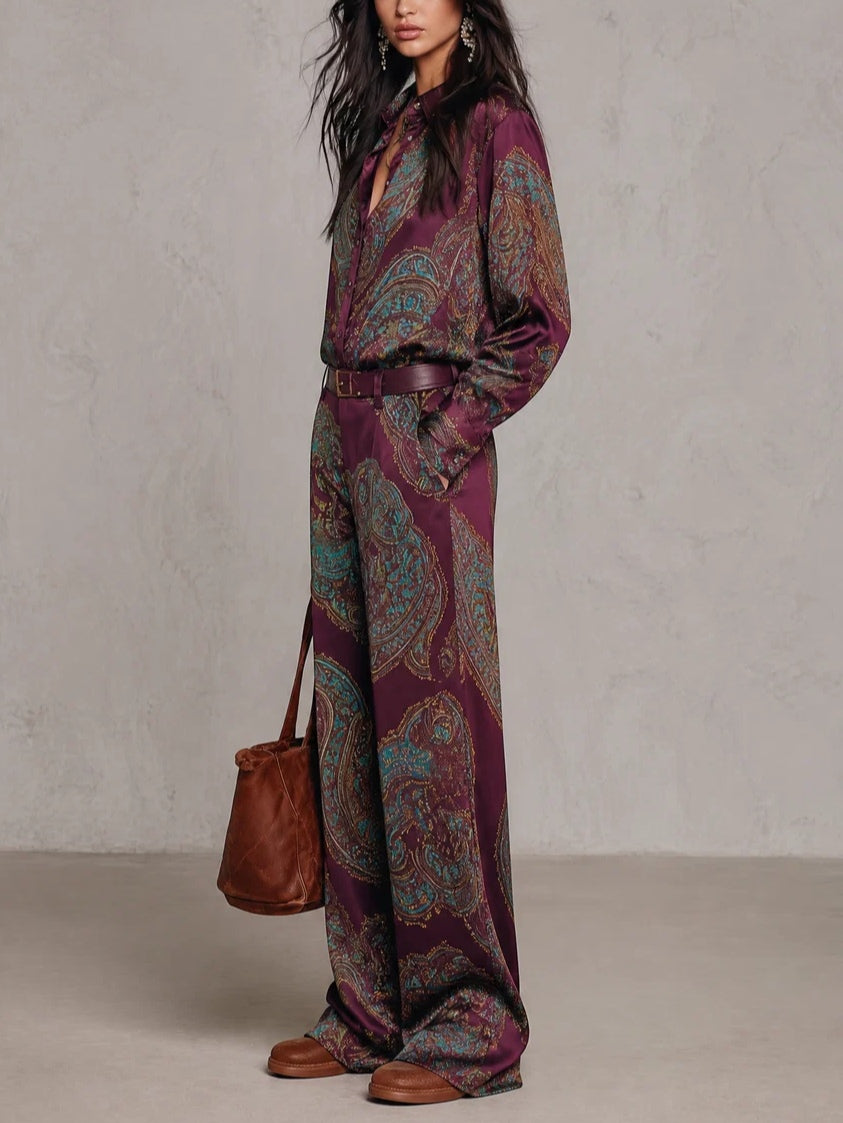Cecilie | Long Sleeve Satin Shirt in Burgundy-Purple Paisley Print and Wide Leg Pants