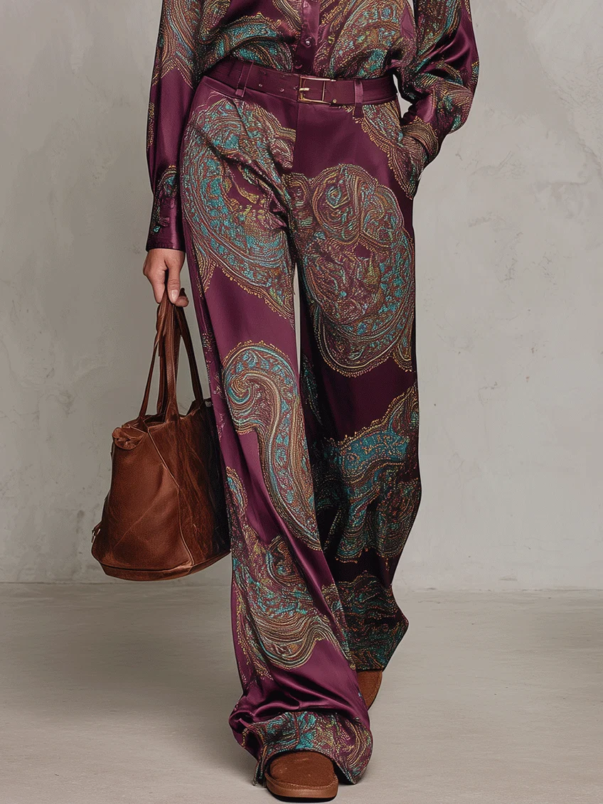 Cecilie | Long Sleeve Satin Shirt in Burgundy-Purple Paisley Print and Wide Leg Pants