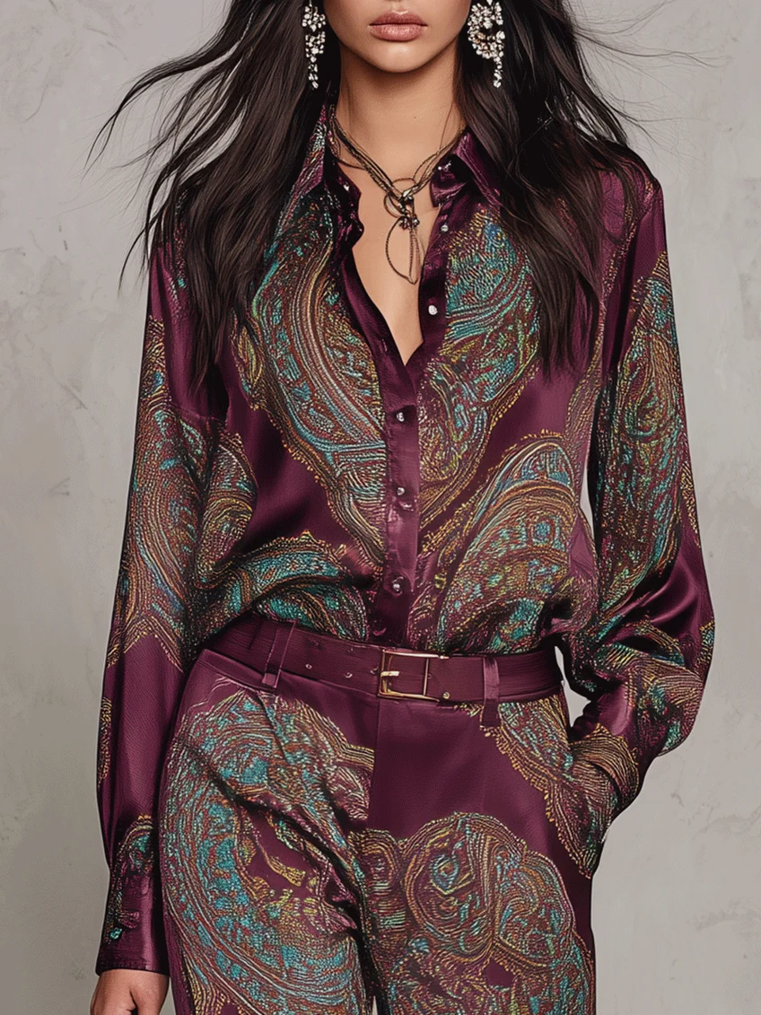 Cecilie | Long Sleeve Satin Shirt in Burgundy-Purple Paisley Print and Wide Leg Pants