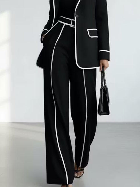 Black Contrast‑Piping Blazer & Wide‑Leg Trouser Two‑Piece Suit Set