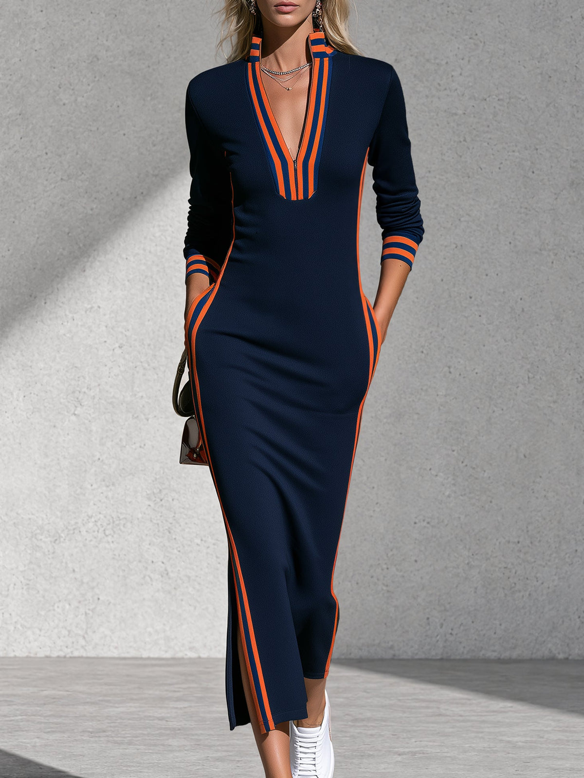 Navy Orange Zip-Front Maxi Dress With Side Slit
