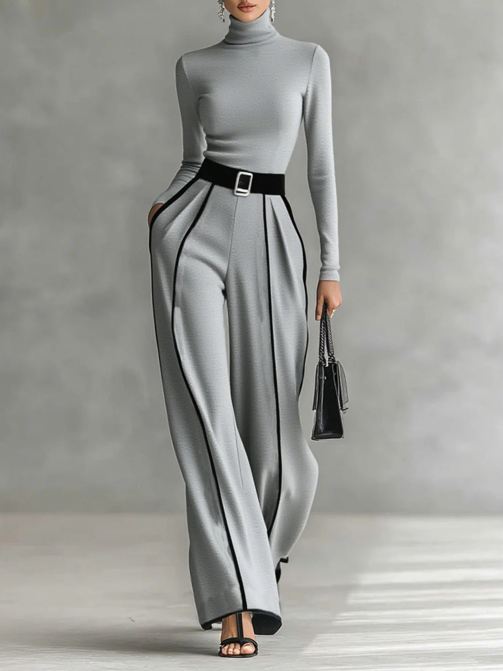 Adèle | High Neck Set with White Trim and Wide Pants