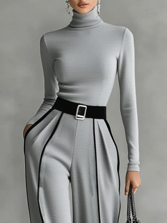 Lyn | Long Sleeve High Neck Top and Wide Leg Trousers Set with Belt