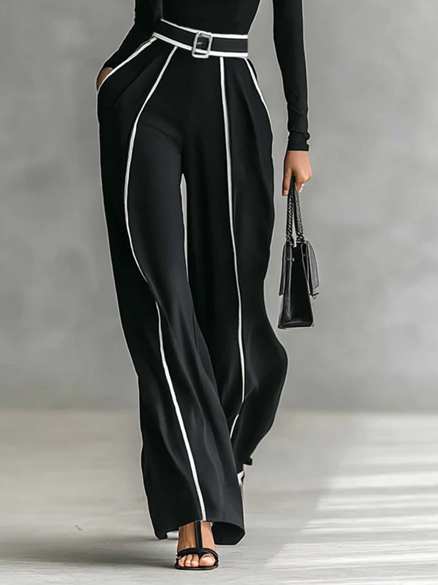 Adèle | High Neck Set with White Trim and Wide Pants