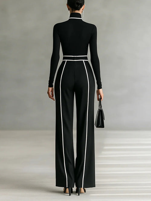 Adèle | High Neck Set with White Trim and Wide Pants