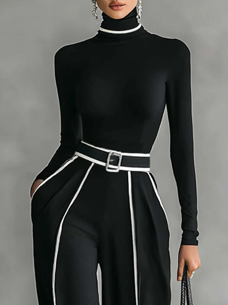 Adèle | High Neck Set with White Trim and Wide Pants