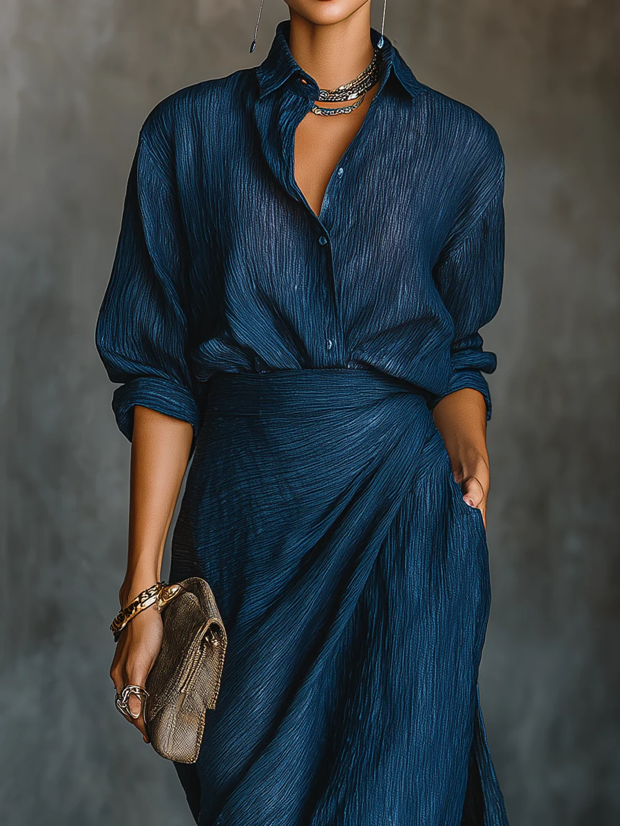 Lydia | Elegant Dark Blue Cotton and Linen Shirt Set with Long Skirt