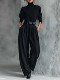 Belly | Two-piece set with long-sleeve high-neck black top and straight-leg pants (including belt)