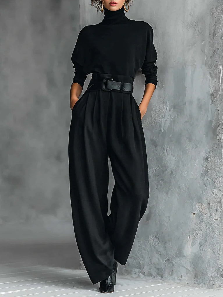 Belly | Two-piece set with long-sleeve high-neck black top and straight-leg pants (including belt)