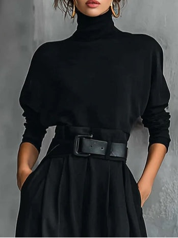 Noëlla | Black Turtleneck Top and Straight Pants Set