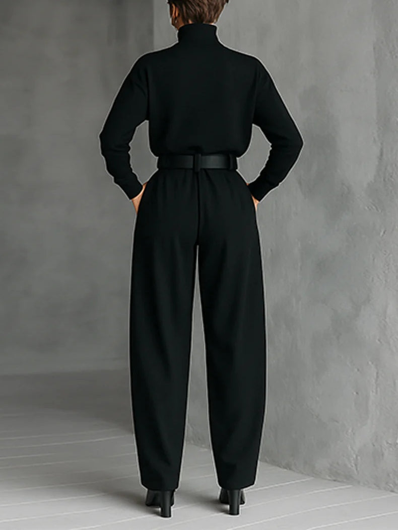 Belly | Two-piece set with long-sleeve high-neck black top and straight-leg pants (including belt)
