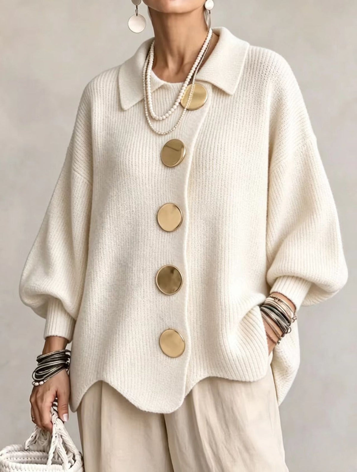Ilona | Oversized Collared Cardigan With Large Metal Buttons